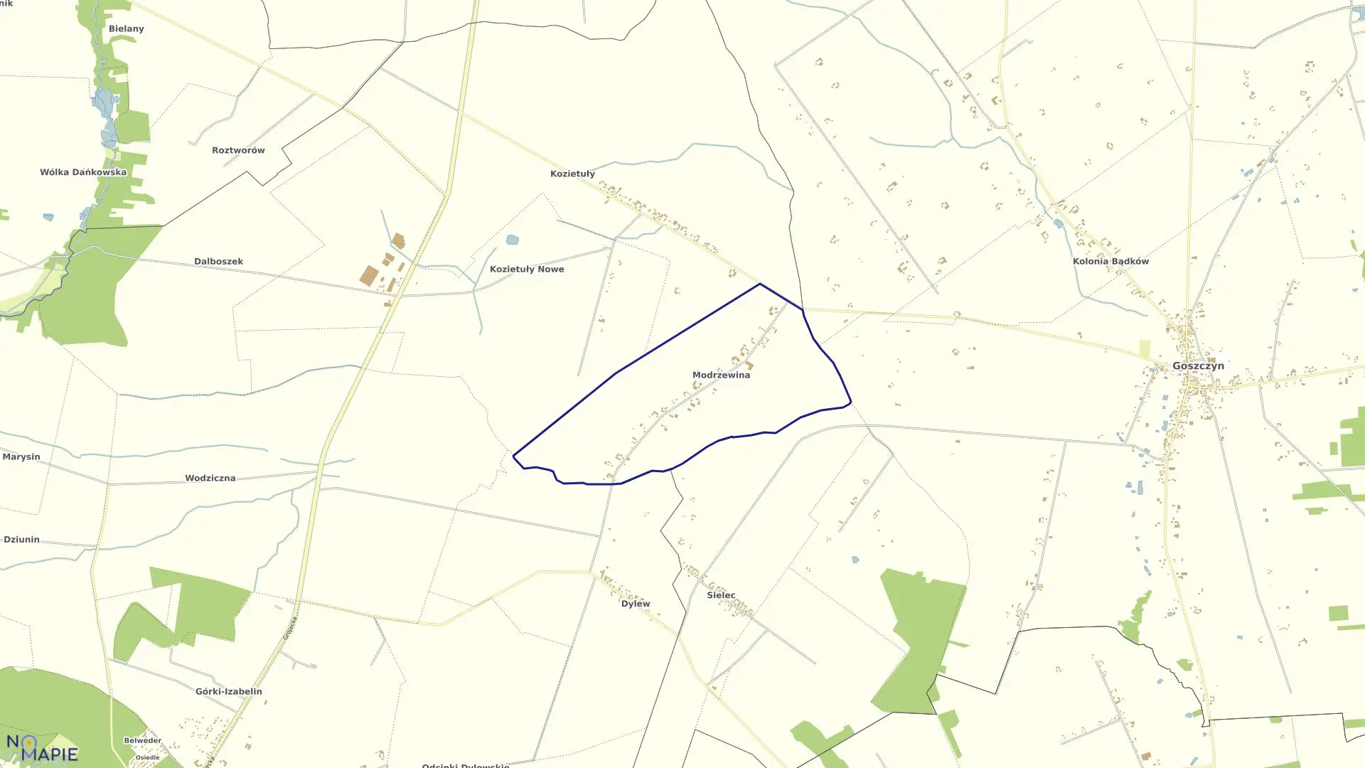 Mapa obrębu MODRZEWINA w gminie Goszczyn